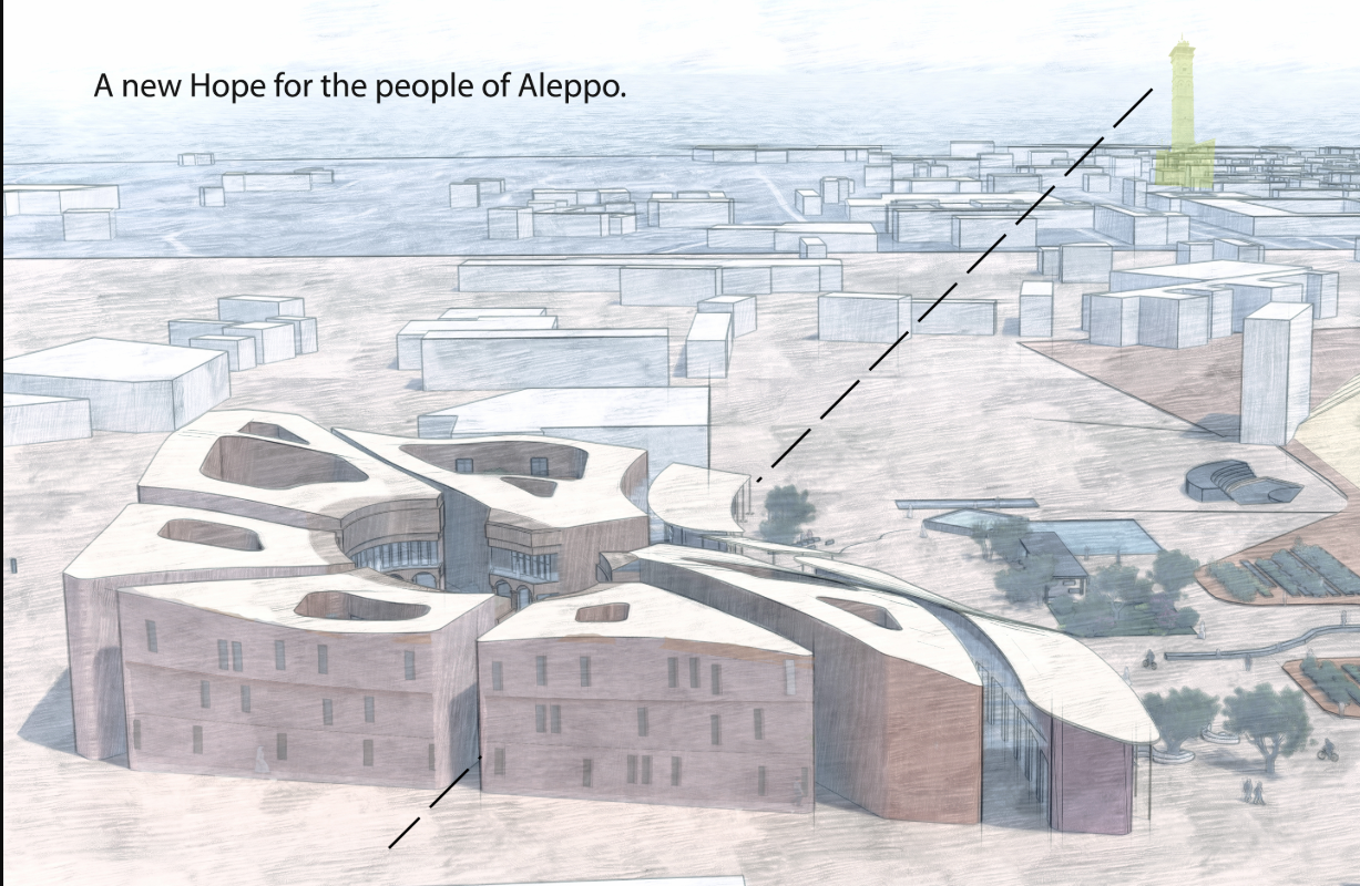 Aerial rendering showing three clustered volumes with white roofs and brick facades set within an urban context