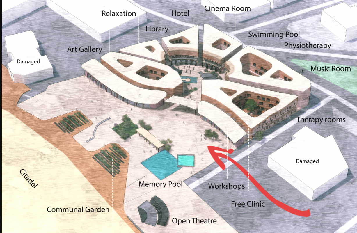 Annotated aerial rendering illustrating the three-lobed building with courtyards and labeled program zones surrounded by gardens