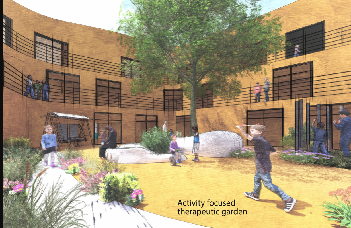 Interior courtyard with brick walls, balconies, planted beds and children playing on yellow paving under a tree
