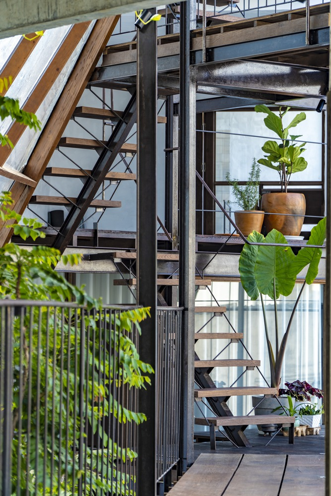 View through steel columns to an open timber staircase with potted plants on the landing