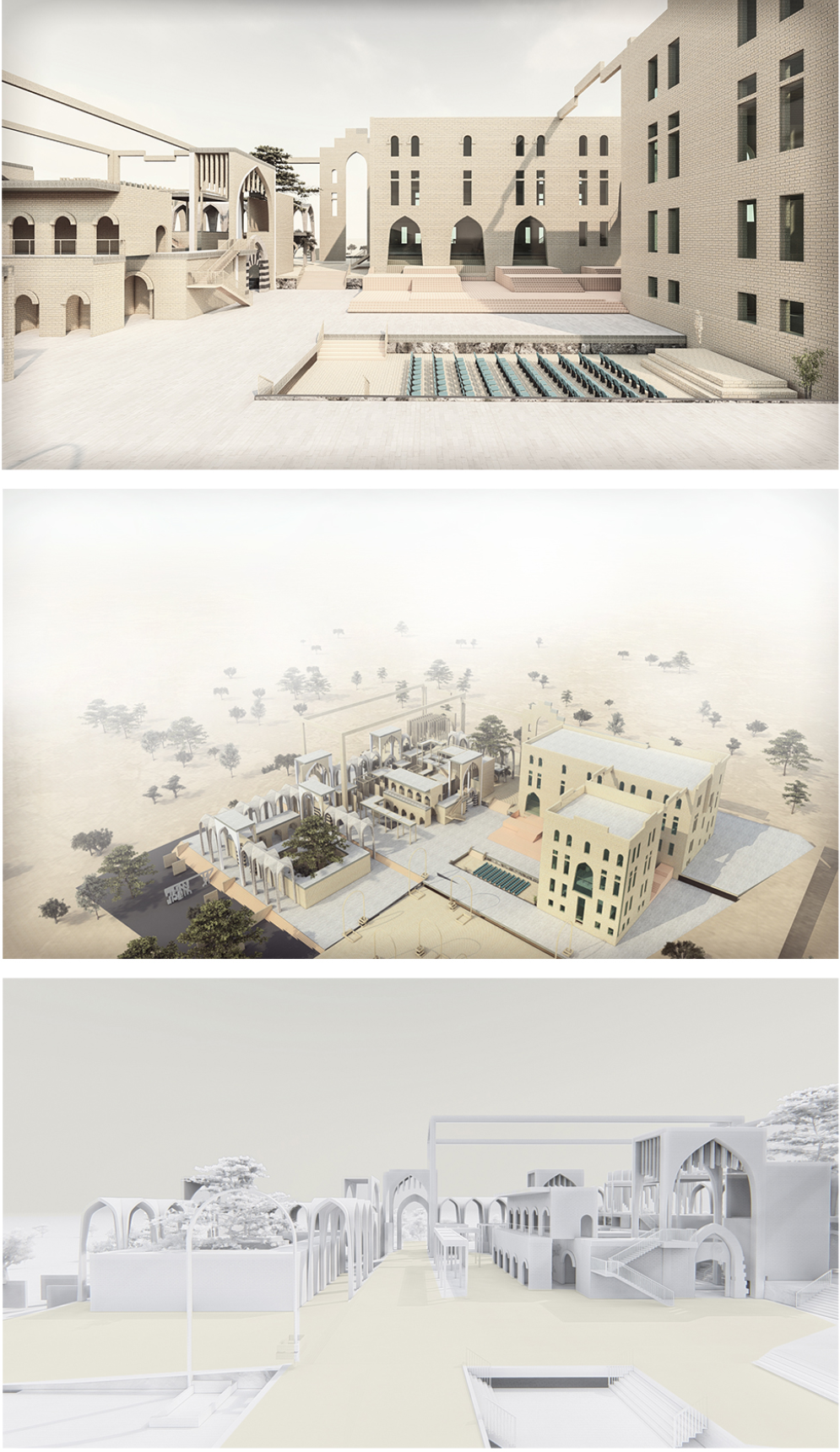Three rendered views showing a courtyard with arched openings and white architectural model perspectives