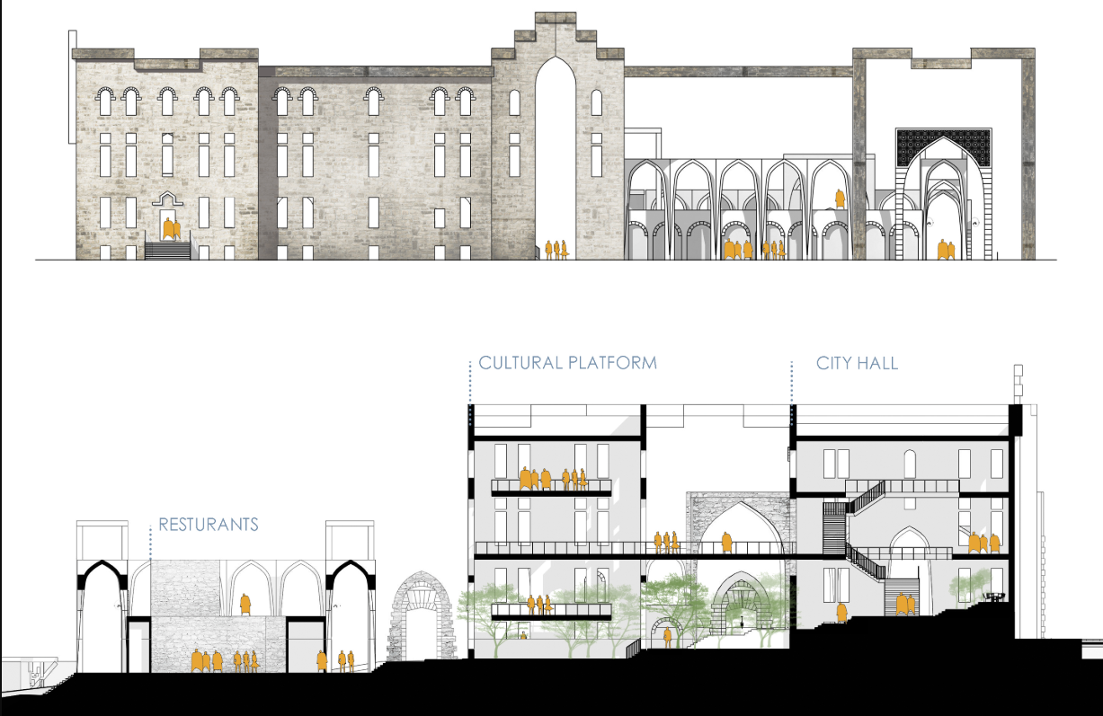 Elevation and section drawings showing masonry facade with arched openings and interior program spaces