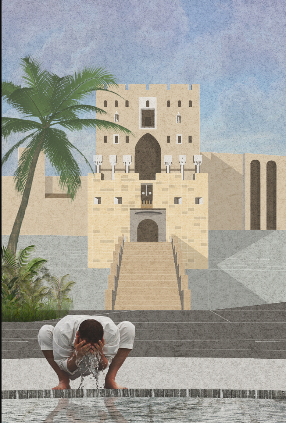 A modern interpretation of ritual cleansing at the historic bathhouse site—where reflection and restoration meet.