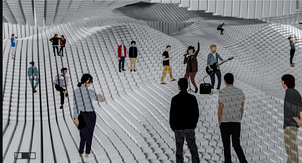 Dynamic terrain reshapes to form gathering spaces, fostering creativity, performance, and social bonding in a zero-gravity habitat.