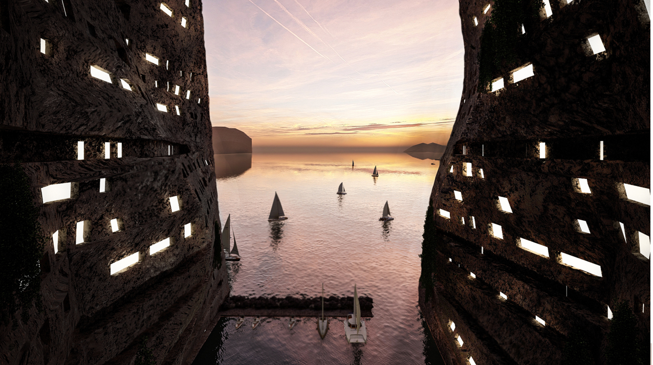 A carved void in the cliffs offers panoramic sea views—architecture emerging from nature, not imposed upon it.