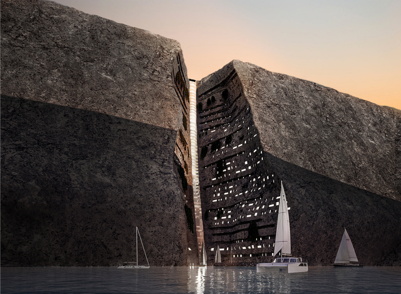 From afar, the Cliffscraper blends seamlessly with the volcanic terrain, preserving the island’s silhouette.