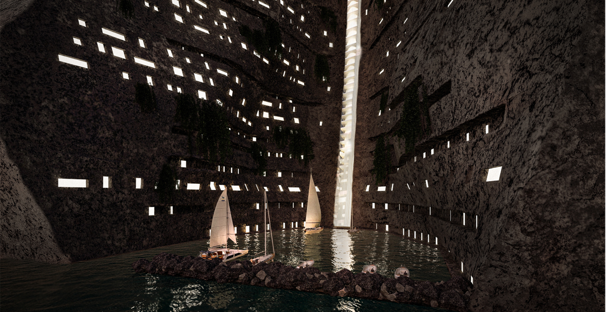 Boats dock beneath the towering cliff walls, where light spills from windows carved into volcanic stone.