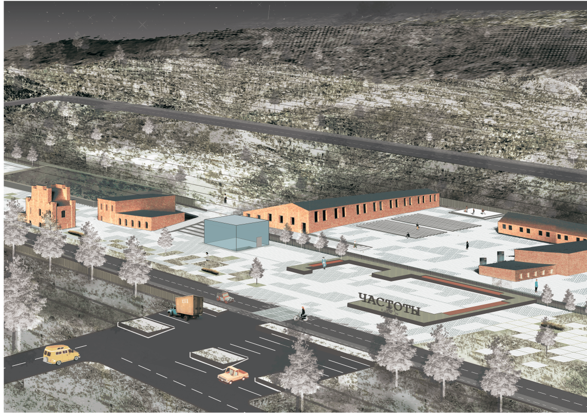 Axonometric rendering showing brick buildings arranged around a central plaza with parking and hillside beyond