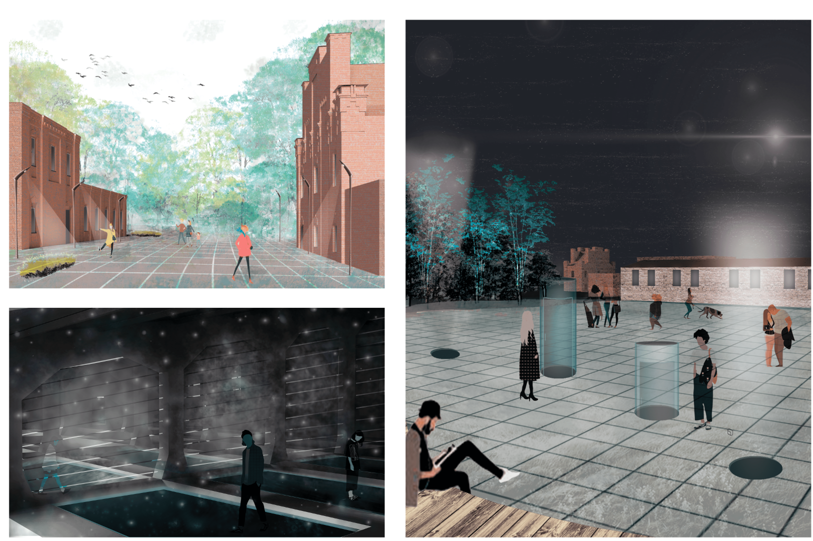 Three rendering views of pedestrian pathways, interior gallery space, and outdoor plaza with figures at night