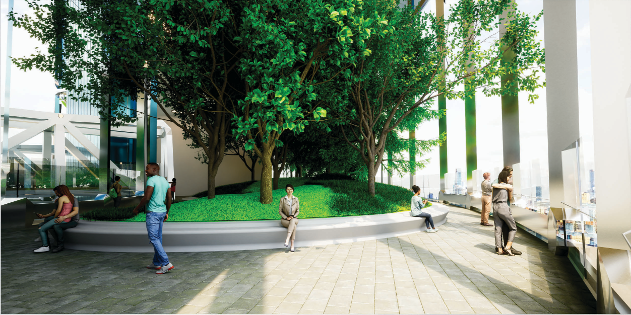 A lush, elevated garden space fosters community, relaxation, and biophilic connection within the vertical city.