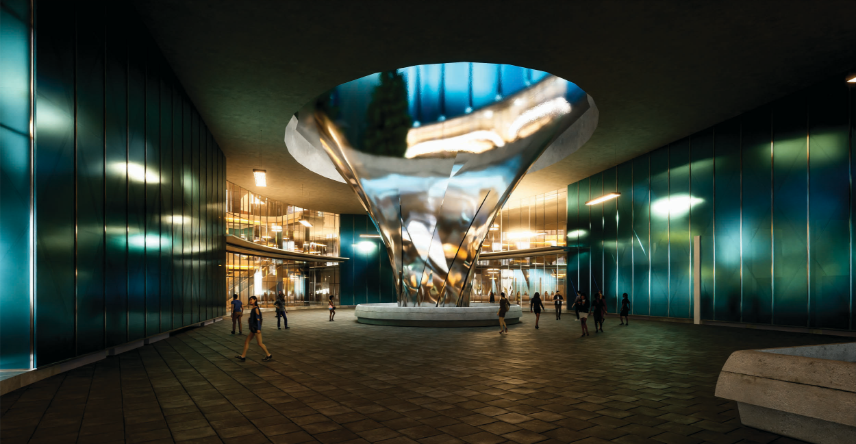 A dramatic rainwater funnel doubles as a sculptural centerpiece and sustainable water harvesting solution.