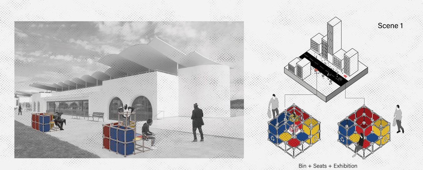 Meta-Bin units serve as seating and exhibition structures in public plazas, activating social spaces through modular reuse.