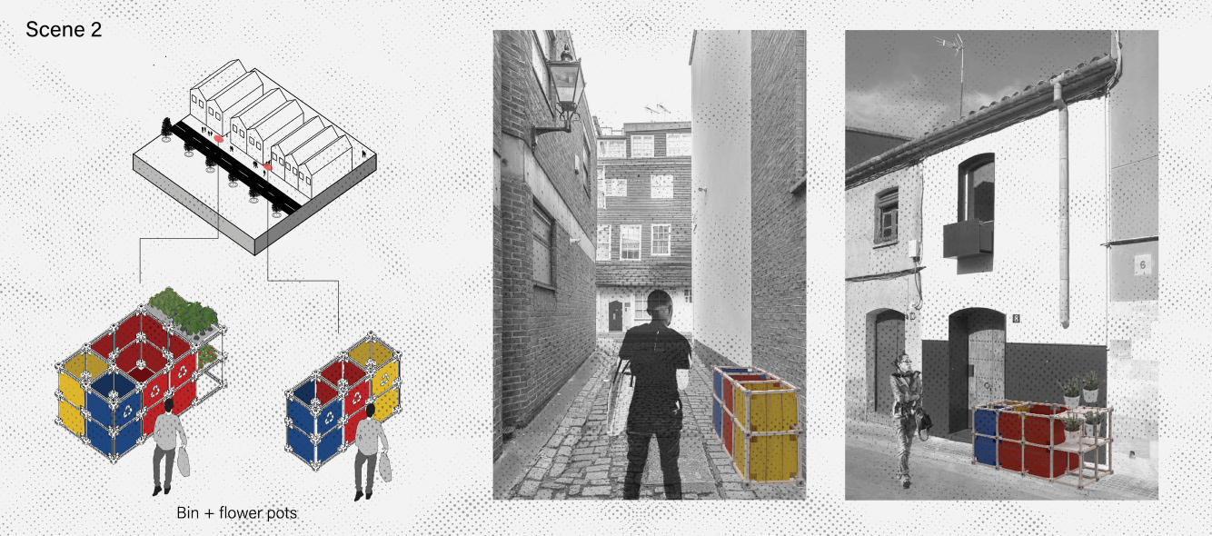 Integrated with planters, Meta-Bin blends into residential zones while promoting waste segregation and greenery.