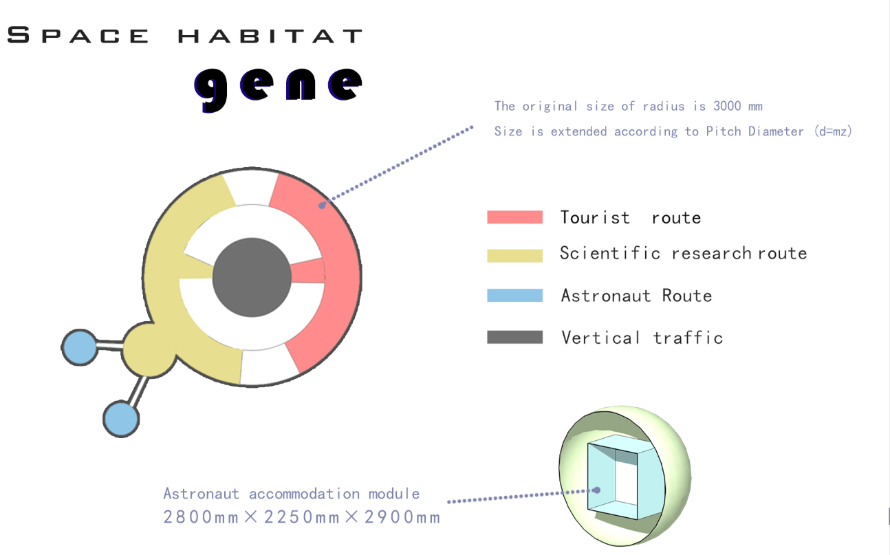 A ring-based layout showing designated circulation paths for tourists, scientists, and astronauts in the orbital habitat.