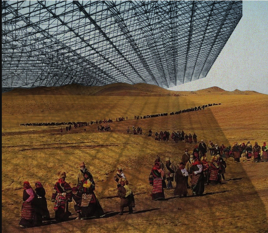 Migratory procession under steel canopy, evoking collective displacement in Longa-polis’s speculative urban field.