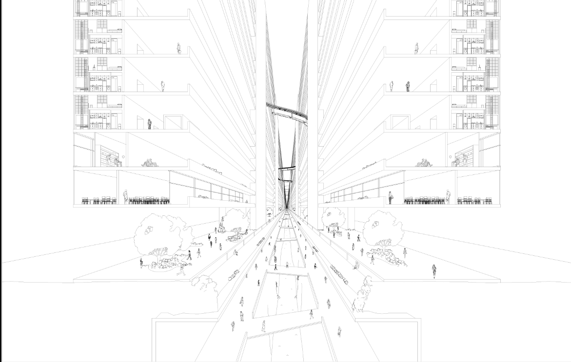 Sectional perspective of the megastructure, exposing programmatic layers and the civic immune system in action.