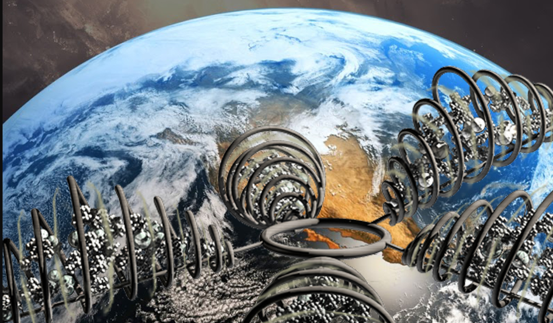 Interconnected spiral cocoons form a scalable city in Earth’s orbit, expanding modularly.
