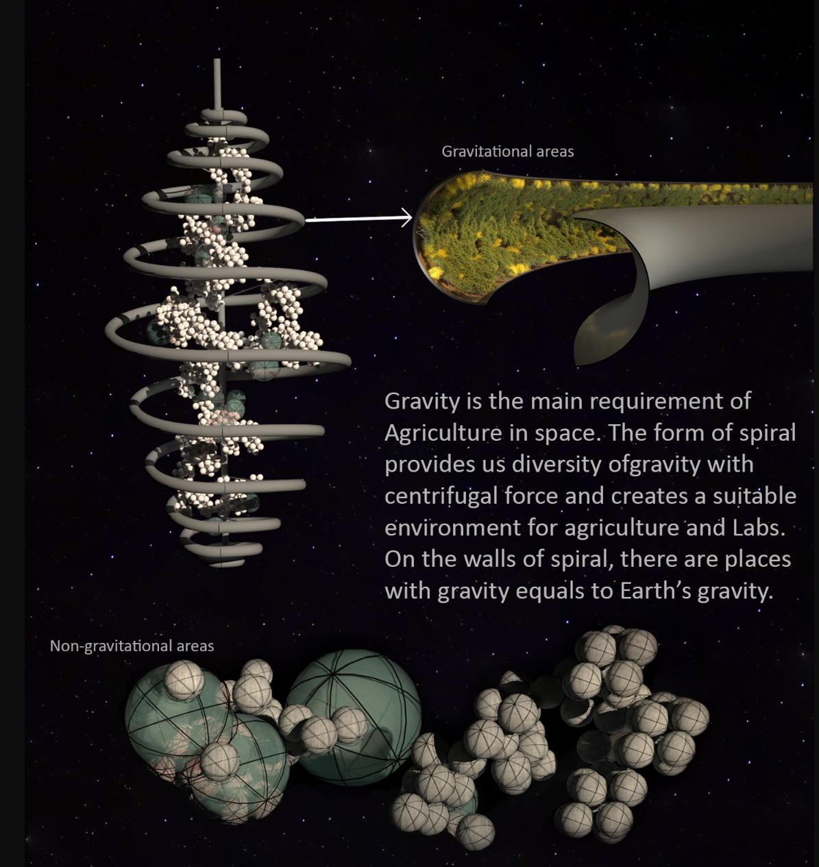 The spiral form enables Earth-like gravity through centrifugal force—ideal for farming and labs.