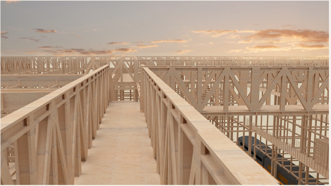 Top-floor flyovers provide visual openness and interconnectivity, encouraging mobility and community engagement.