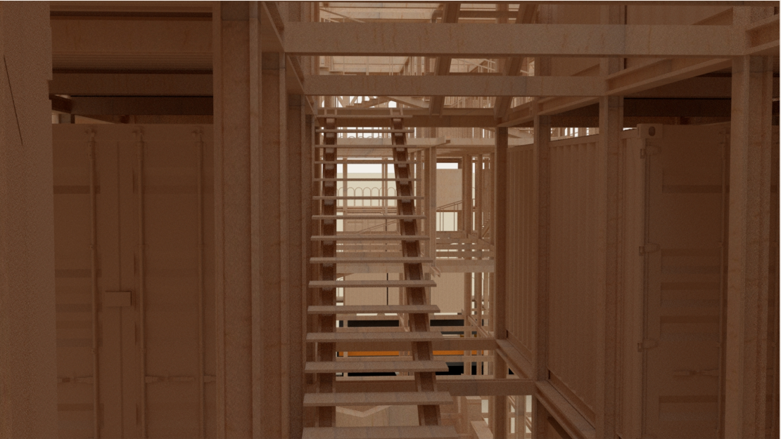 Interior view highlighting vertical circulation and modular layering of container-based residential units.