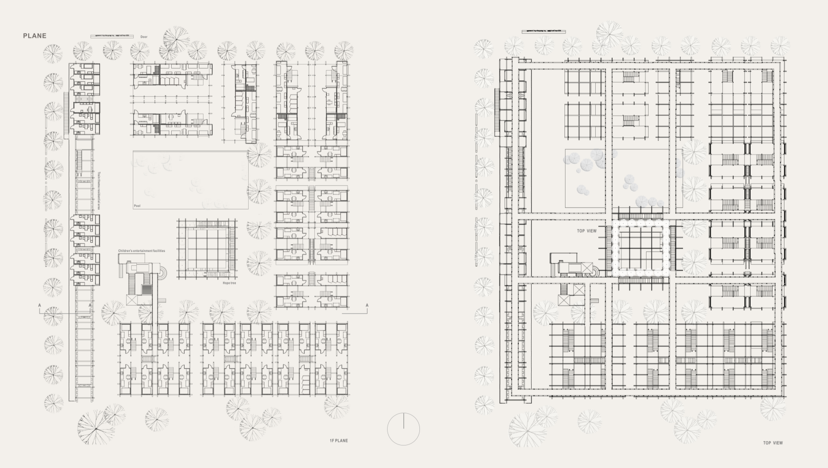 Detailed sectional and elevation views showcasing structural layering, communal spaces, and play areas.