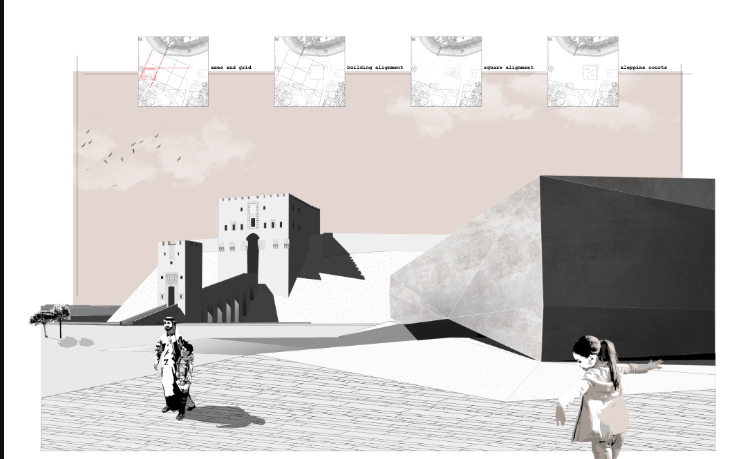 Perspective view illustrating the monumental stone-clad structure and its relationship with the citadel.