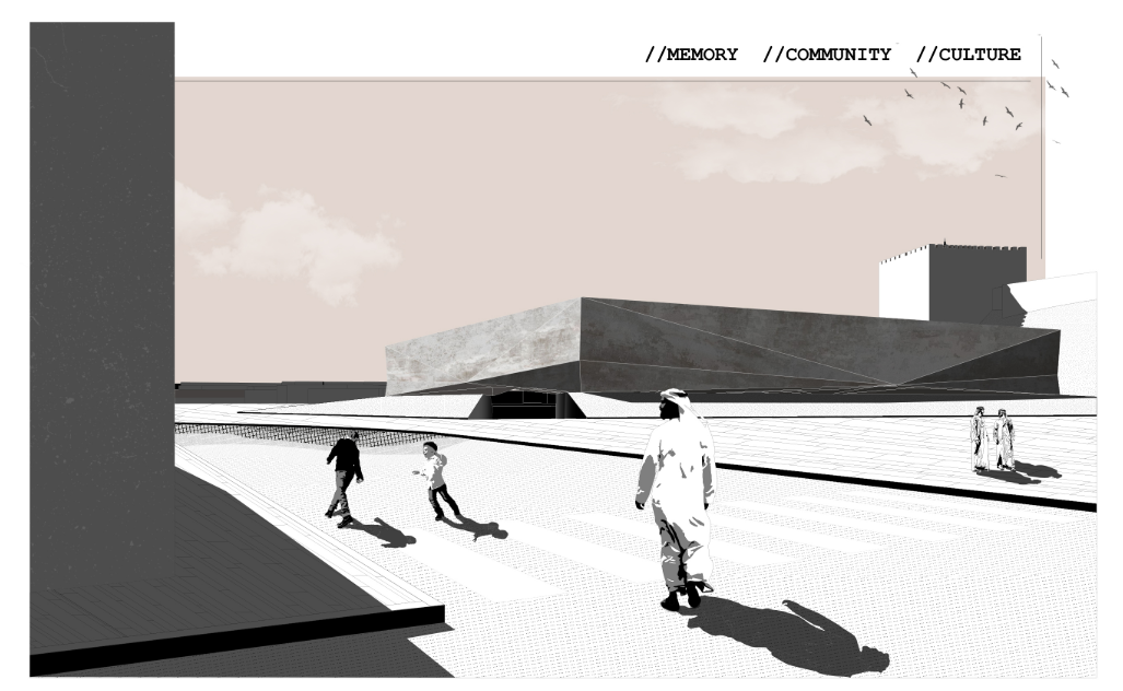 Section drawing showing spatial flow, courtyard system, and the layering of functions above and below ground.