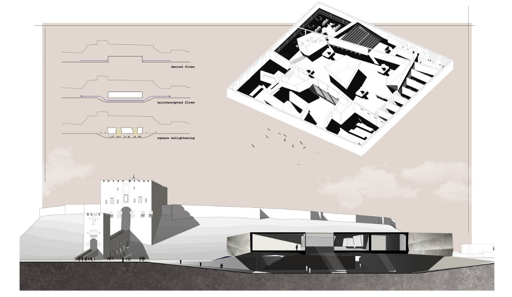 Open plaza invites community interaction while framing the solemn architecture in t he background.