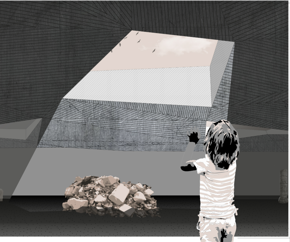 Interior of the underground square where light wells highlight symbolic rubble installations.