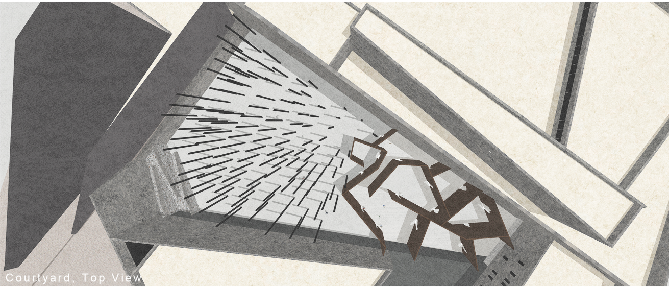 Top-down view of a courtyard showing timber decking radiating from a central angular sculpture