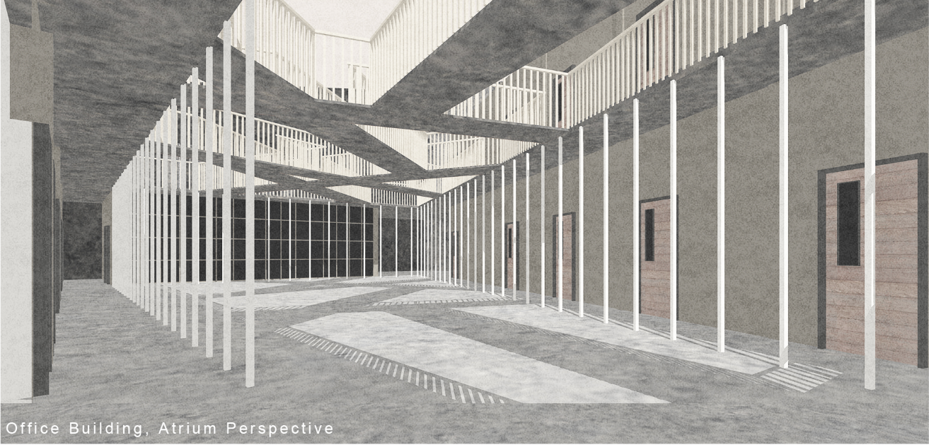Interior perspective of an atrium with vertical white slats and suspended walkways overhead