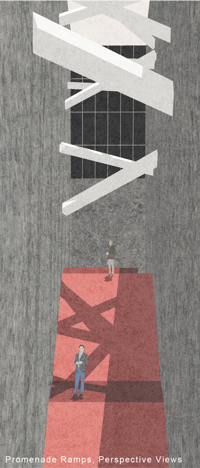 Section drawing showing zigzagging ramps in red with two figures ascending beneath a geometric canopy