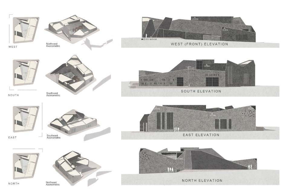 Elevation drawings showing all four facades with accompanying axonometric diagrams of massing and roof volumes