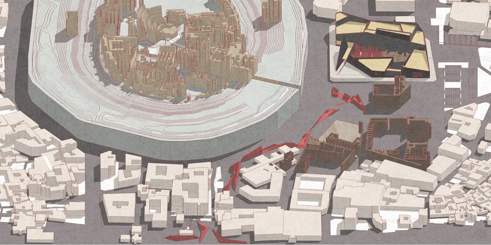 Site plan drawing with red pedestrian pathways connecting volumes around a curved amphitheater in dense context