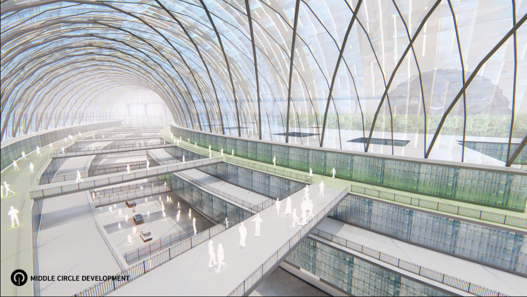 Interior perspective of middle circle with elevated walkways and natural lighting.