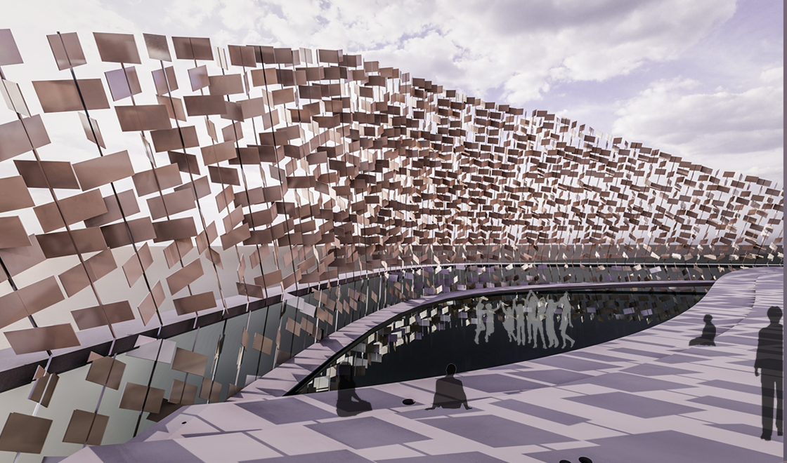 Undulating canopy of copper-toned pixelated panels above a reflective water pool with pedestrians on the deck
