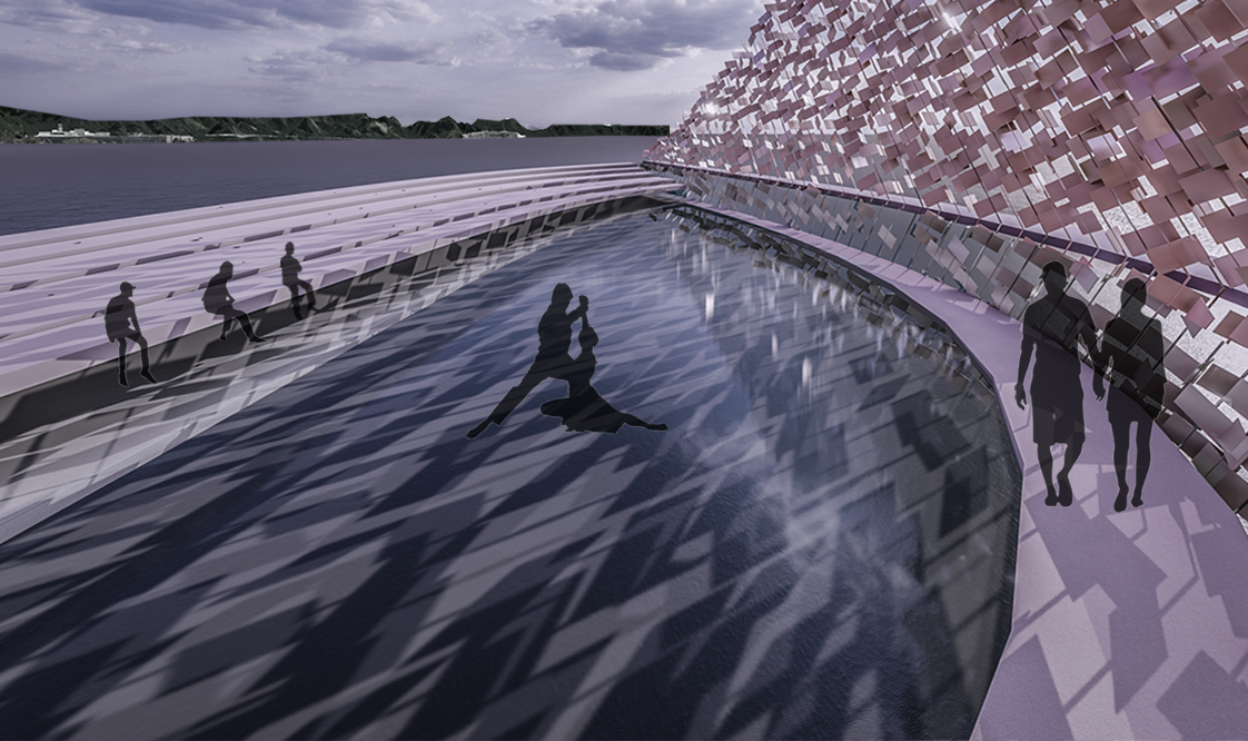 Curved walkway beneath a fragmented copper screen wall with silhouetted visitors and water beyond