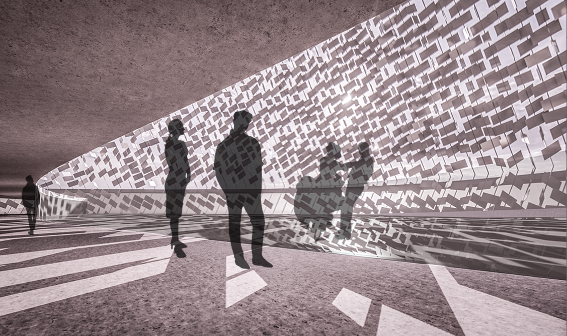 Interior view under a pixelated canopy casting geometric shadows on visitors standing below