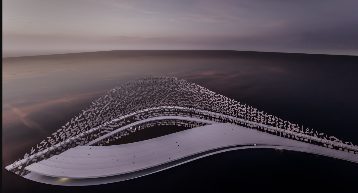 Aerial rendering of a curved roof with pixelated panels rising above a smooth white platform