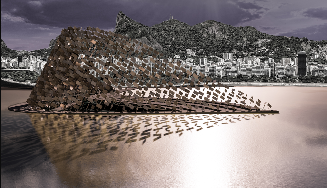 Wave-like canopy of copper panels beside a beach with mountains in the background