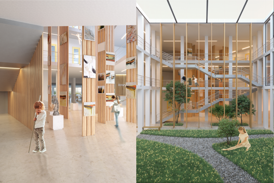Art-filled interiors and a central green atrium foster creativity and contemplative learning.