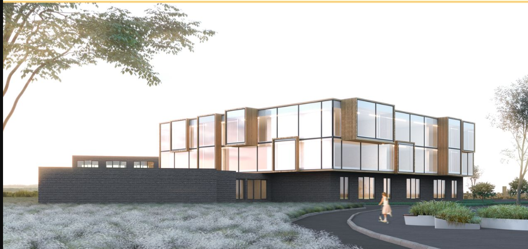 A dynamic rear elevation showcasing modular glass forms and lush landscaping.