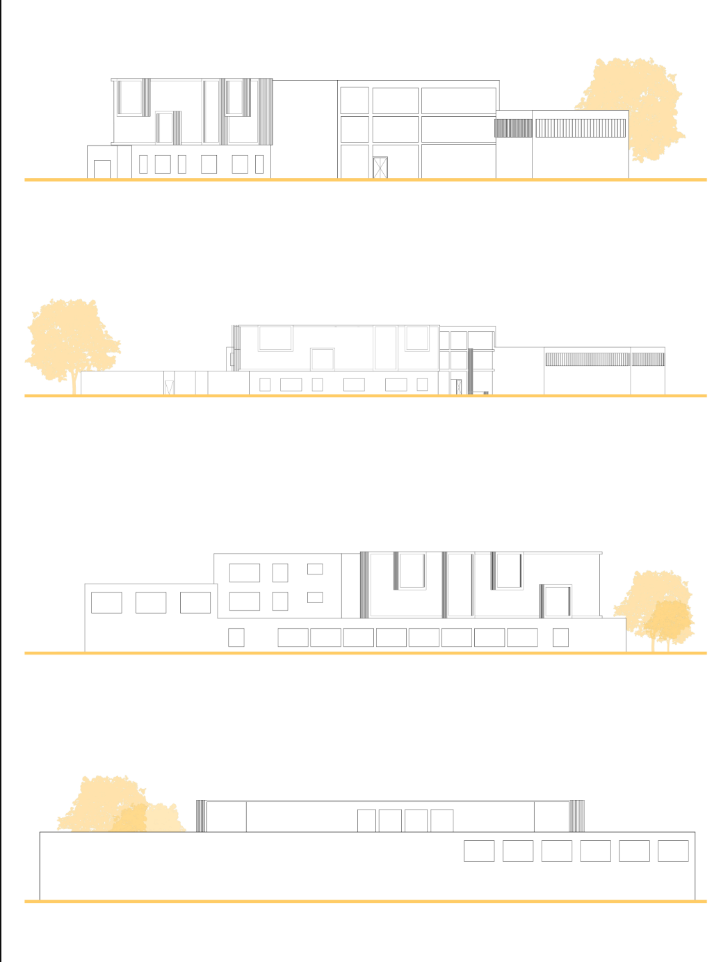 Elevation studies highlighting the clean lines, varied textures, and transparent panels shaping the school’s identity.