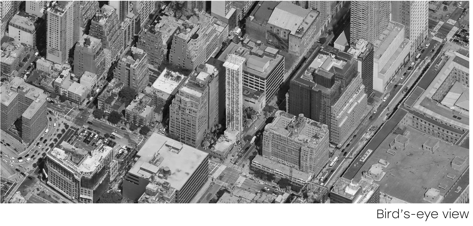 Aerial view of a slender residential tower rising among midrise buildings and rooftop gardens