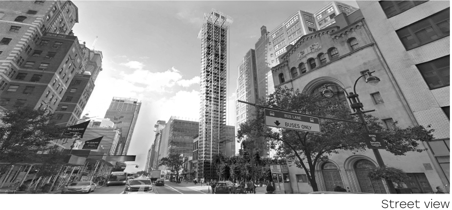 Street corner view with the tower flanked by a historic arched facade and tree-lined sidewalk