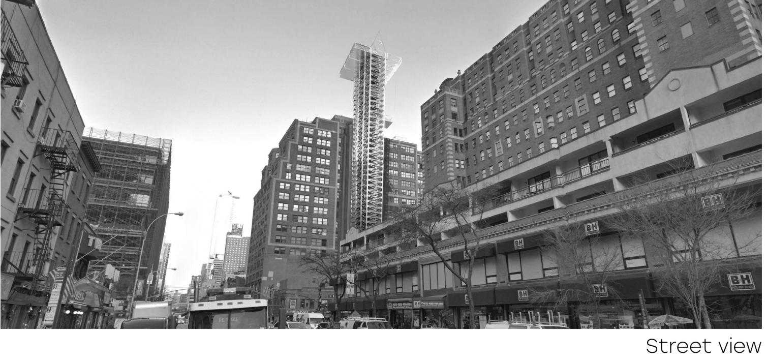 Street elevation showing the tower rising above low-rise neighbors and bare winter trees