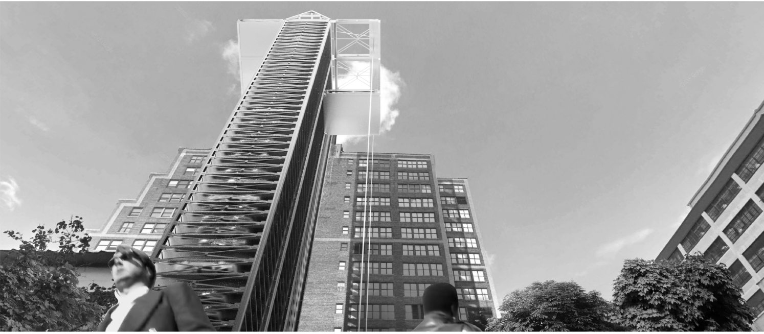 Upward view of the twisted tower facade with horizontal louvers against scattered clouds