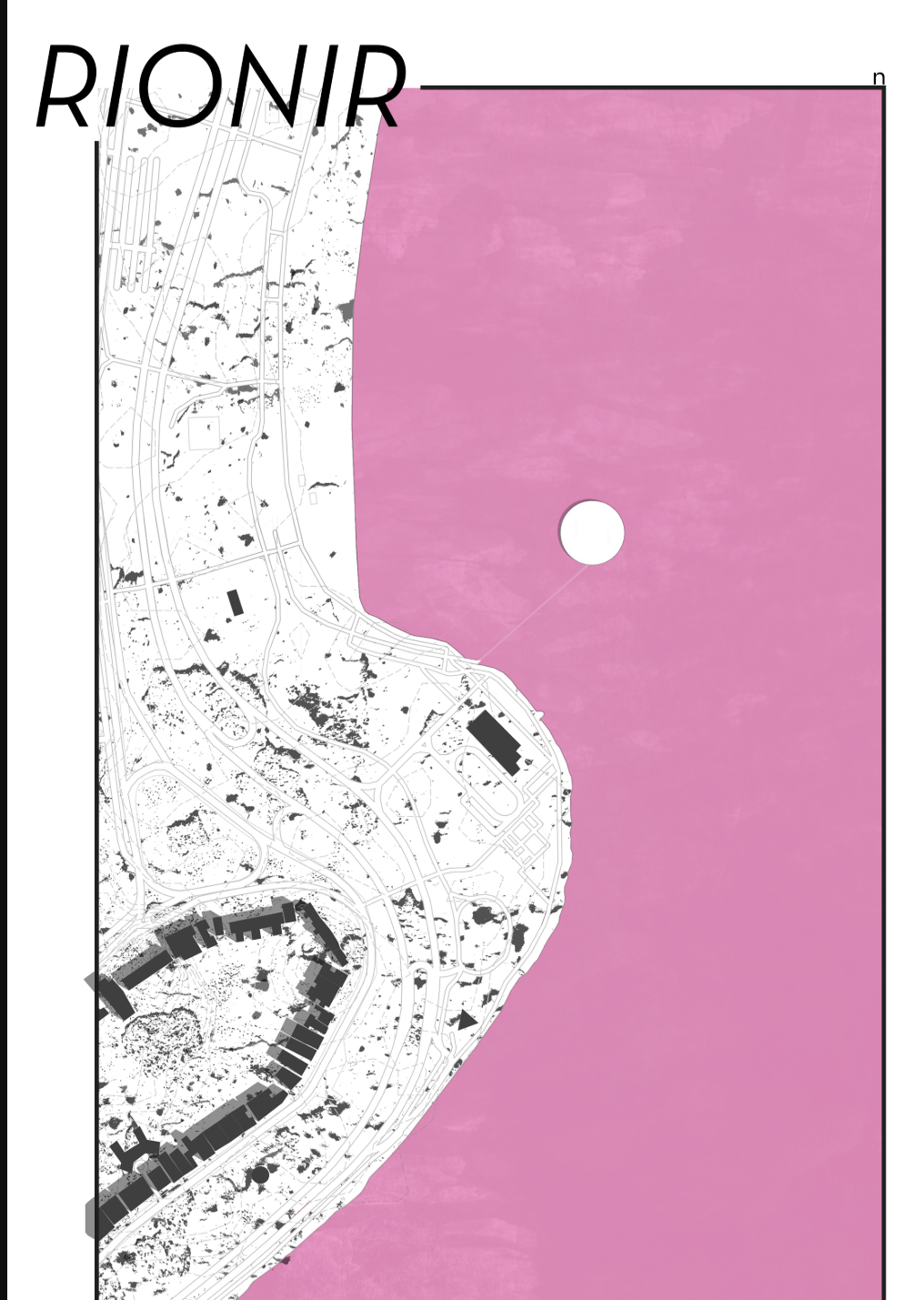 Site plan drawing showing a curved peninsula extending into pink water with scattered vegetation and buildings