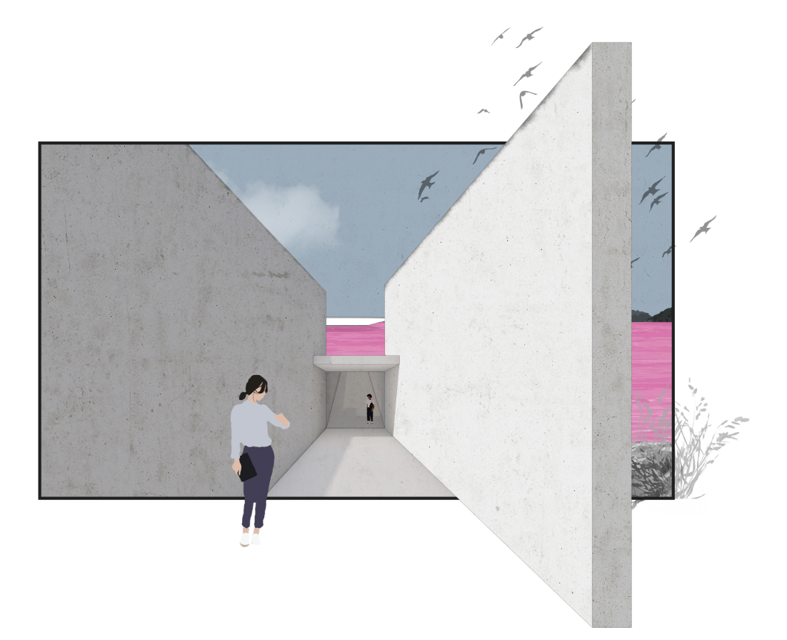 Perspective section showing concrete corridors converging toward a pink horizon with visitors walking and birds overhead