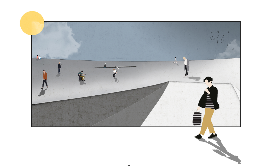Section perspective of folded concrete roof planes with visitors scattered across the plaza under cloudy skies
